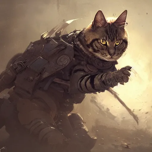 Prompt: armored cat by jean - baptiste monge, high quality, high resolution, 4 k, painted by cgsociety, rutkowski, gurney with ambient lighting, concept art, detailed, smooth, dynamic volumetric cinematic lighting, octane, raytrace