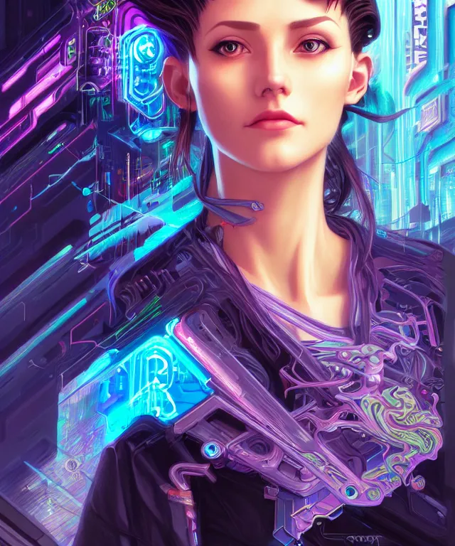 Image similar to beautiful adult woman wearing netrunner clothing, extremely detailed face, cyberpunk, cybernetic, cyborg, vaporwave aesthetic, synthwave, flowing hair, colorful, psychedelic, intricate, elegant, highly detailed, digital painting, artstation, concept art, smooth, sharp focus, illustration, art by artgerm and greg rutkowski and alphonse mucha