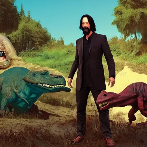 Image similar to a hyper real comic book style portait painting of keanu reeves in the stone age with dinosaurs, unreal 5, hyperrealistic, octane render, cosplay, rpg portrait, dynamic lighting