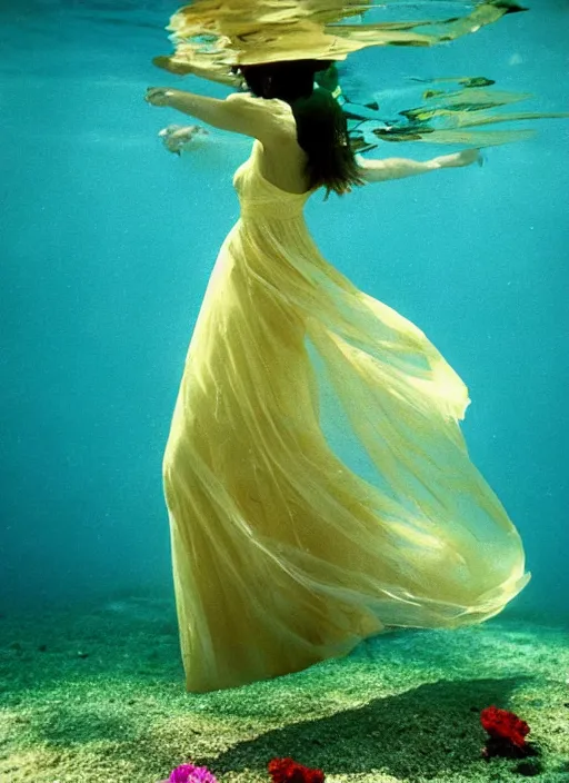 Prompt: long and wide feminine dress underwater together with some flowers, by ernst haas