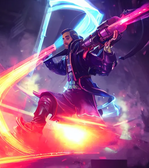 Image similar to a man in a holographic cloak firing a mechanical gatling gun, character splash art, fighting pose, action pose, digital painting, WLOP, trending on artstation, 8k, epic composition, highly detailed, sharp focus