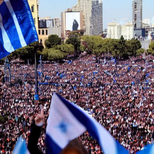 Image similar to Lady Gaga as president, Argentina presidential rally, Argentine flags behind, bokeh, giving a speech, detailed face, Argentina