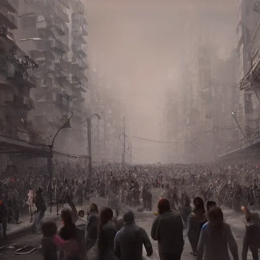 Image similar to hordes of drone-like people aimlessly walking around a depressing dystopian cityscape , trending on artststion, hyper realistic, surreal, melancholic, 8k, upscaled