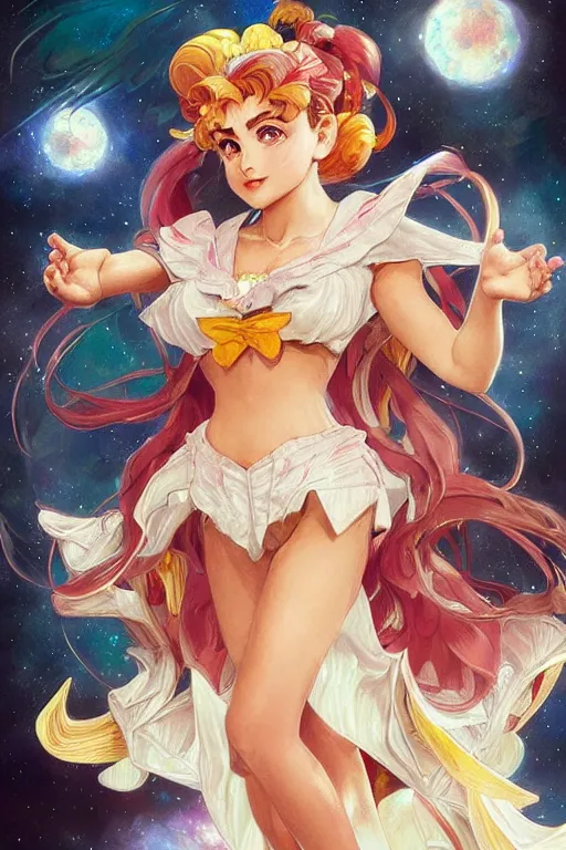 Image similar to Danny devito cosplaying as sailor moon, intricate, elegant, highly detailed, digital painting, artstation, concept art, smooth, sharp focus, illustration, art by artgerm and greg rutkowski and alphonse mucha