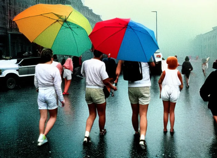 Image similar to realistic photo portrait of a crowd of people wearing white shorts, cone heads, walking on the street, grey sky with rainbow and rain 1 9 9 0, life magazine reportage photo, natural colors