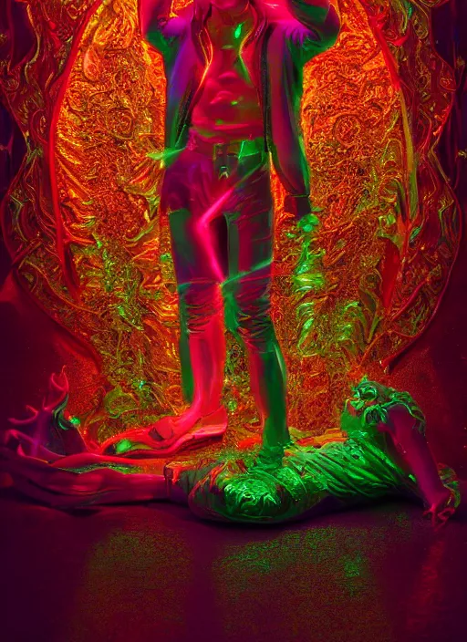 Image similar to photo of baroque and bladerunner delicate neon ruby sculpture of seductive ceramic albino king william levy tigers orange iridescent humanoid deity wearing metallic green hoody made out of leaves holding the sun in a reflective prismatic dungeon, reclining, glowing rainbow face, crown of white diamonds, cinematic lighting, photorealistic, octane render 8 k depth of field 3 d