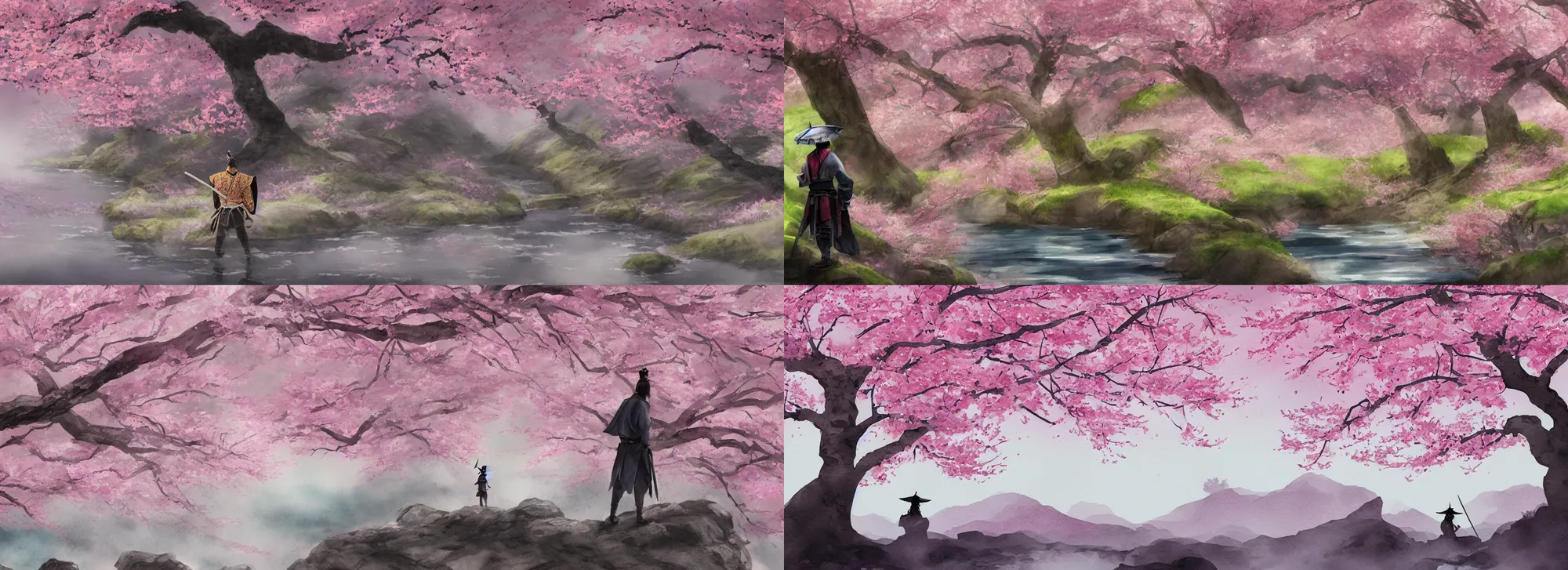 Prompt: A lone samurai watching over a valley of cherry blossom trees, water color painting, concept art, HD