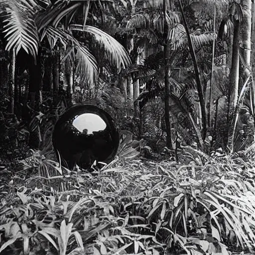 Prompt: a rizom lost film footage of a ( ( ( ( ( ( ( ( sphere ) ) ) ) ) ) ) ) in the middle of the tropical jungle / tropicalism / film still / cinematic / enhanced / 1 9 2 0 s / black and white / grain