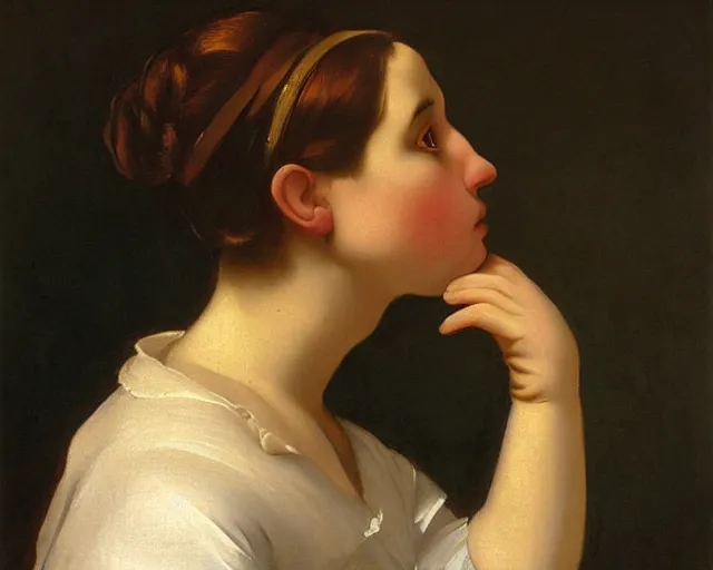 Image similar to colored portrait. the same style. a very unique profile, seen from the side, medium shot. fat face, a straight and long nose, and huge prominent eyes. she is singing to the sun. old photograph. sharp image. academicism, highly detailed, color harmony, art station, ornate, caravaggio style. old photography