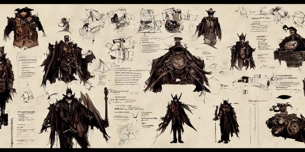 Image similar to steampunk batman, character sheet, concept design, contrast, kim jung gi, greg rutkowski, zabrocki, karlkka, jayison devadas, trending on artstation, 8 k, ultra wide angle, pincushion lens effect