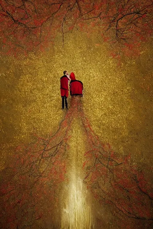 Image similar to immaculate painting of A Beautiful fine detailed gold and red and black Forest Illusion by erik johansson micro detailing
