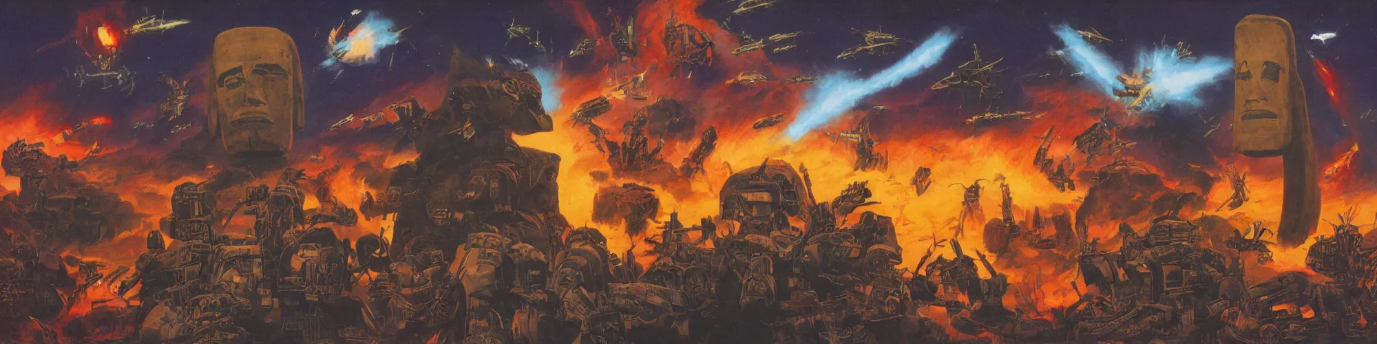 Image similar to sidescrolling shmup science fiction background fire theme and moai heads by frank frazetta