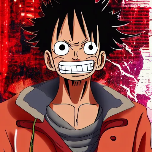 Prompt: a portrait of Monkey D Luffy, cyberpunk style