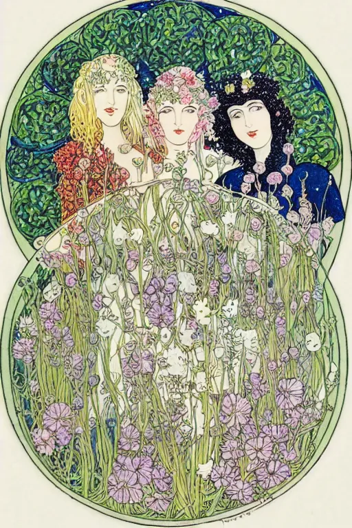 Prompt: three women holding hands in a circle with flowers growing around, flower frame, detailed art by kay nielsen and walter crane, illustration style, watercolor