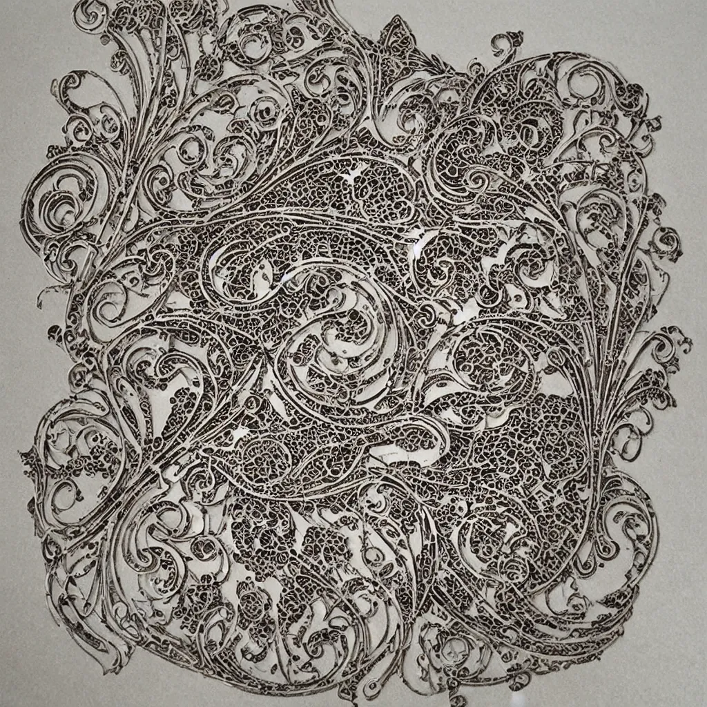 Image similar to vintage art nouveau style sticker, cat as a cyborg, detailed filigree fretwork lacework