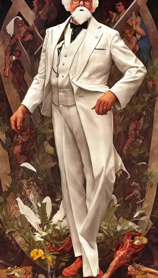 Image similar to a full body portrait of colonel sanders the greek god!! explaining, background of rednecks, extremely beautiful, anatomically accurate, by artgerm and by greg rutkowski and by alphonse mucha and by simon bisley, radiant light, detailed and intricate environment,