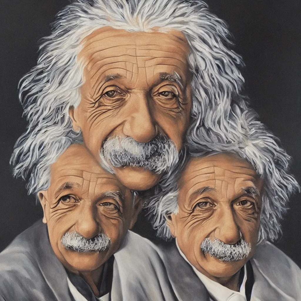 Prompt: a professional and detailed colored oil painting portrait of Albert Einstein, close up view to his face