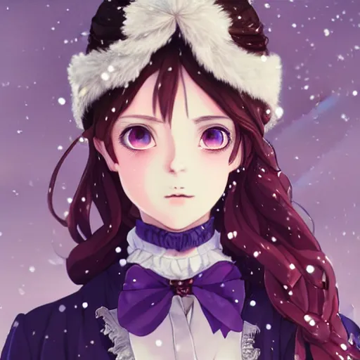 Image similar to wearing full clothing in full clothing victorian dress, beautiful anime woman, purple hair, red eyes, weapon, steampunk, symmetrical face, symmetrical eyes, full round face, short smile, detailed, winter setting, cinematic lighting, medium shot, mid - shot, makoto shinkai, artgerm, ilya kuvshinov, loish