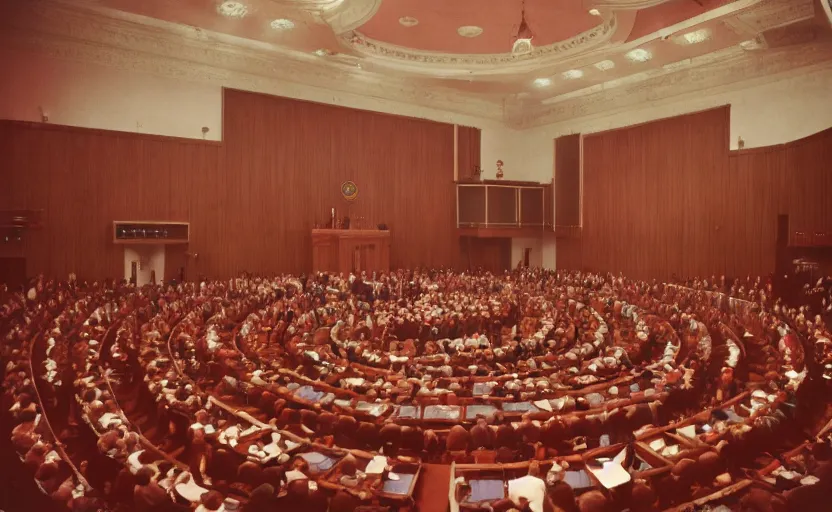 Image similar to 60s movie still of a CCCP congress in a stalinist style parlement, by Irving Penn , cinestill 800t 35mm eastmancolor, heavy grainy picture, very detailed, high quality, 4k, HD criterion