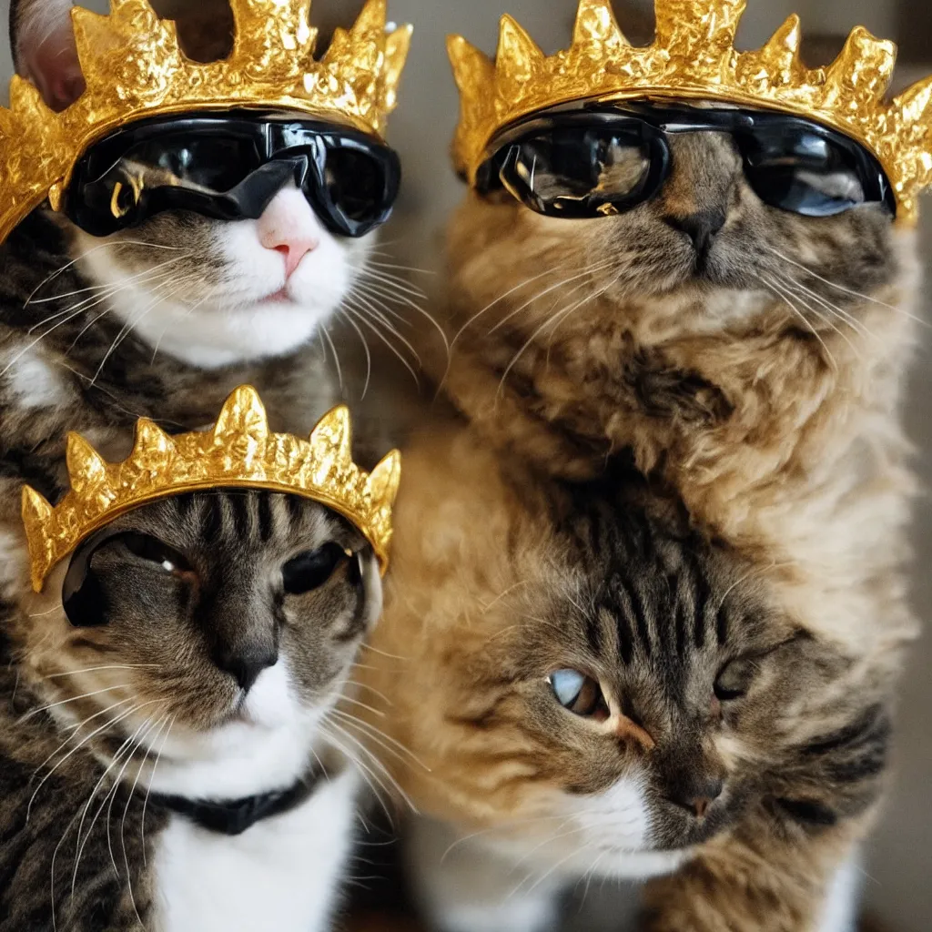 Prompt: a cat wearing an elegant golden crown and black goggles