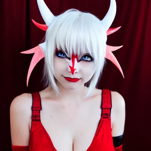 Prompt: white haired red eyed anime girl, devil horns, elf ears