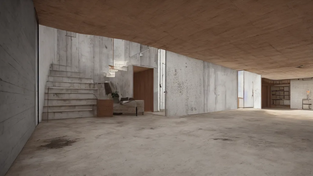 Image similar to hyper realistic one point perspective of living room, wood, concrete, brick