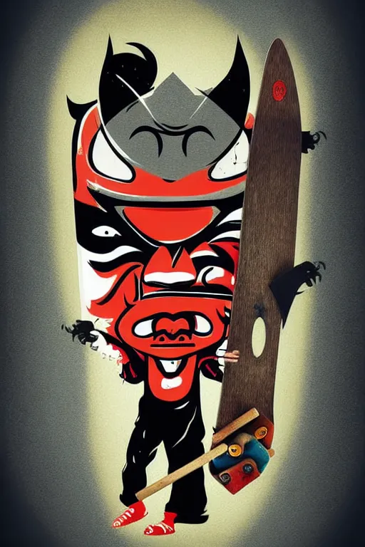 Prompt: guy wearing oni mask and bring skateboard. pop art, without duplicating image!!!, extreme details, digital painting, vector image, concept art, smooth, sharp focus, illustration, intricate details, art by richard hamilton and mimmo rottela, pixels art by kirokaze and paul robertson