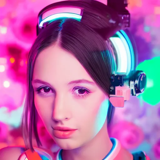 Image similar to portrait of a cute young woman with robot ears and eyes, 4k, sharp focus, neon colored fluorescent lighting, flowers, jordan grimmer