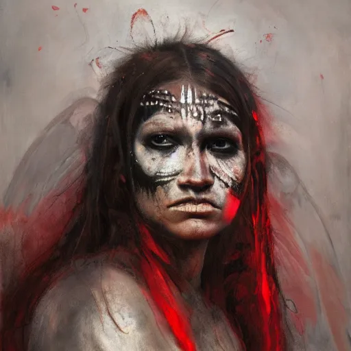 Image similar to portrait of the death angel, beautiful female face, angelic, dark, blood, by jeremy mann, by lucian freud, god rays, female indigenous warrior, warrior face painting red, wings, holding a weapon