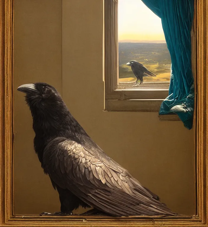 Image similar to a beautifully photoreal clear detailed victorian portrait of a close up raven on a victorian windowsill with an ornate velvet dark teal curtain at beautiful sunset daytime nature sunlit painting by frederic leighton and turner and morris and rosetti, 8 k, octane render