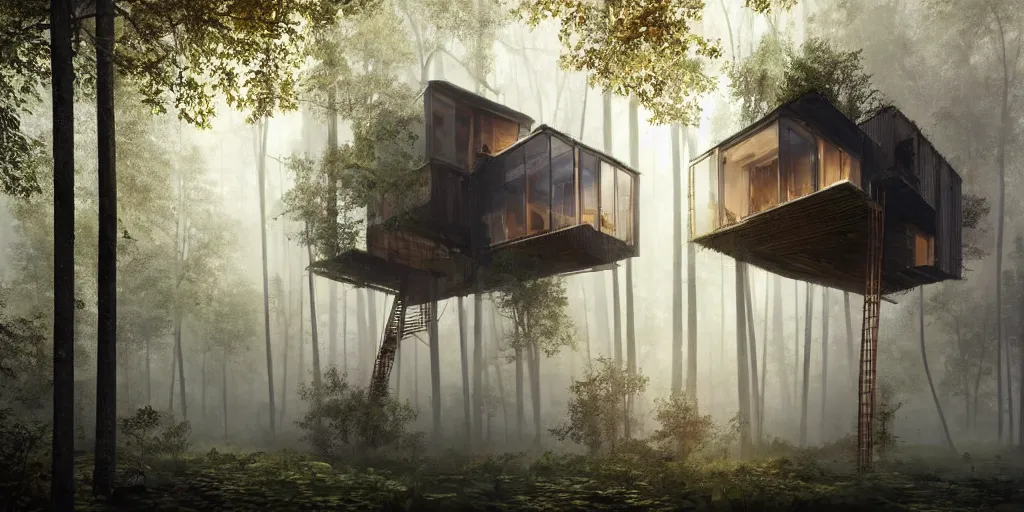 Prompt: photo of real treehouses, on stilts, made of staked container with glass windows, modernist, mysterious dense forest, autumn lights, misty, smoky atmosphere, photorealism, sharp details, some rays of light, cgsociety, masterpiece, hyper - detailed, hd, hdr, 8 k, by ruan jia, michael komarck, greg rutkowski