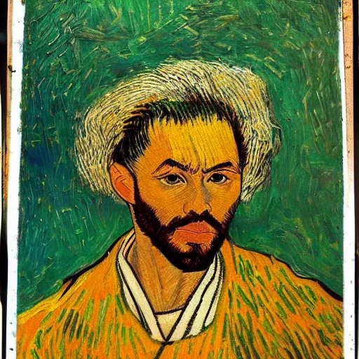 Prompt: an artistic portrait of armond of the white lotus, high quality, studio photography, colorful, hero, heroic, beautiful, in the style of vincent van gogh