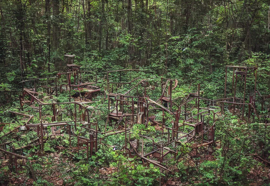 Image similar to an abandoned creepy playground in the middle of a dense forest, high detail