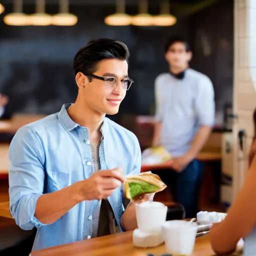 Prompt: a very handsome young male college student is buying lunch at the cafeteria but is out of money