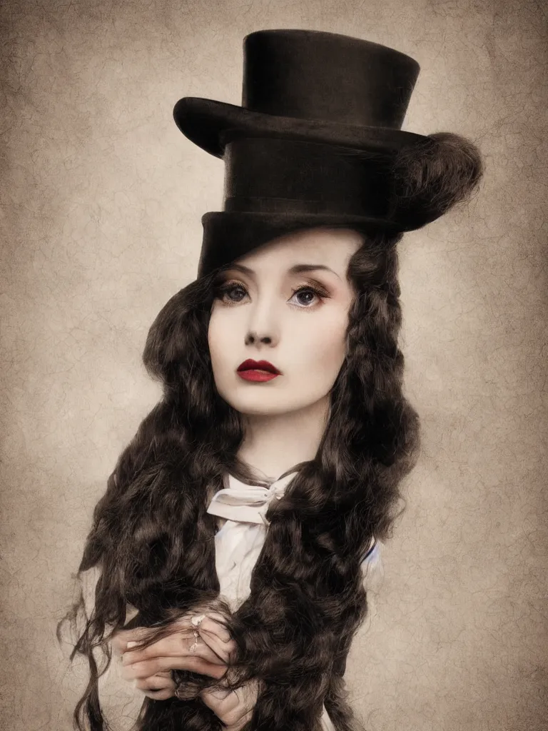 Image similar to Close up portrait of an elegant long haired lady wearing a gentleman suit and tophat in anime style, highly detailed, matte painting, noir, 70s, americana, photorealistic, ethereal ghostly atmosphere