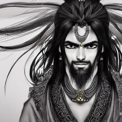 Prompt: an indian immortal xianxia cultivator with long black hair as an absurdly handsome, elegant, young anime man, ultrafine hyperrealistic detailed face illustration by kim jung gi, irakli nadar, intricate linework, sharp focus, bright colors, matte, gujian, final fantasy, unreal engine highly rendered, global illumination, radiant light, intricate environment