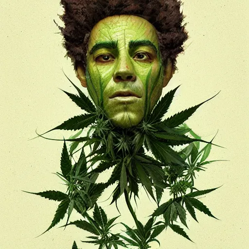 Image similar to a man made of hemp, with a head in the form of a cannabis bloom, like young grut, green skin, character, art by james jean and greg rutkowski!!, realistic face, digital art, chibi style, golden ratio, perfect composition, trending on artstation, 8 k