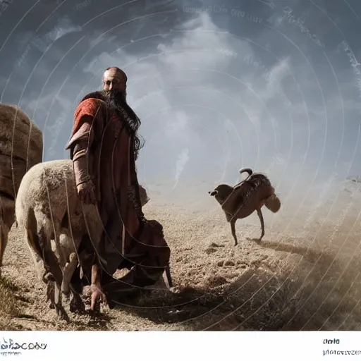 Prompt: Cinematic still portrait of ugly Mediterranean skinned man dressed in Biblical Shepherd Clothing with a flock of goats, Biblical epic film dramatic angles, directed by Steven Spielberg