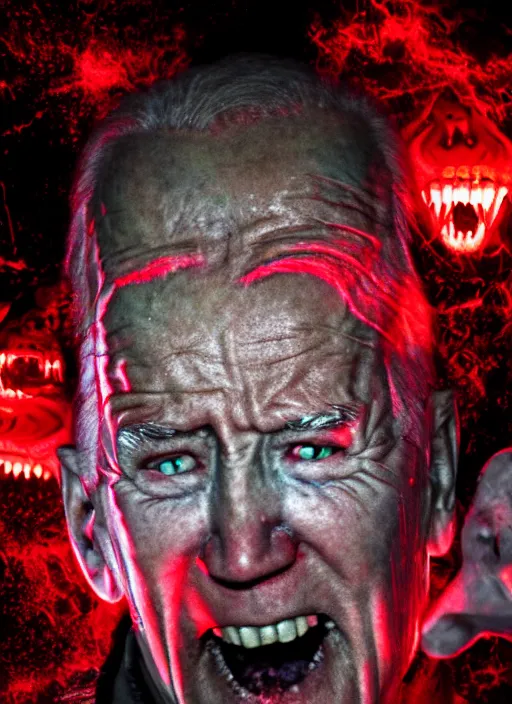 Image similar to hyper realistic ultra realistic horror terror dimensional photo furious glowing red eyes biden, high quality photo, detailed , 8k