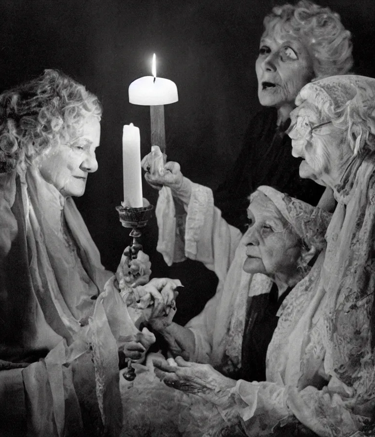 Image similar to a seance conducted by two old women, candle light, ghosts, ominous, by federico fellini