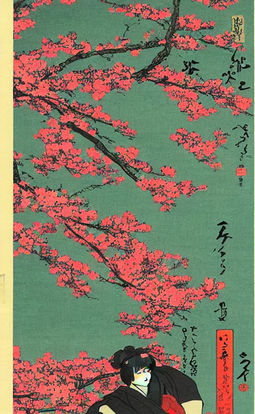 Prompt: by akio watanabe, manga art, multiple color flag next to cherry tree, trading card front, kimono, sun in the background