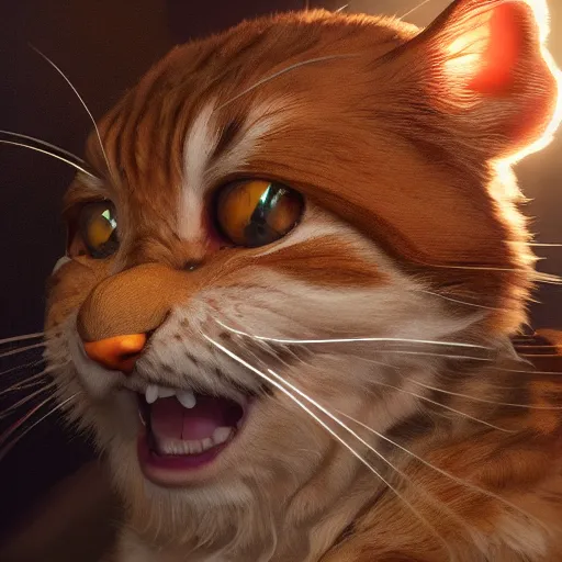 Prompt: garfield, au naturel, hyper detailed, digital art, trending in artstation, cinematic lighting, studio quality, smooth render, unreal engine 5 rendered, octane rendered, art style by klimt and nixeu and ian sprigger and wlop and krenz cushart.