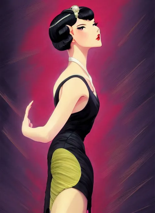 Prompt: a beautiful dancer with black hair in 1930's fashion, ballroom background, intricate, highly detailed, digital painting, artstation, official media, anime key visual, concept art, rich vivid colors, ambient lighting, sharp focus, illustration, art by Artgerm, Makoto Shinkai, Ilya Kuvshinov, Lois Van Baarle, and Rossdraws