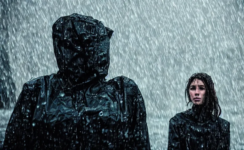 Image similar to cinestill 5 0 d candid photographic portrait by christopher nolan of two loving female androids wearing rugged black mesh techwear in treacherous waters, extreme closeup, modern cyberpunk moody emotional cinematic, pouring rain full moon, 8 k, hd, high resolution, 3 5 mm, f / 3 2, ultra realistic faces, ex machina