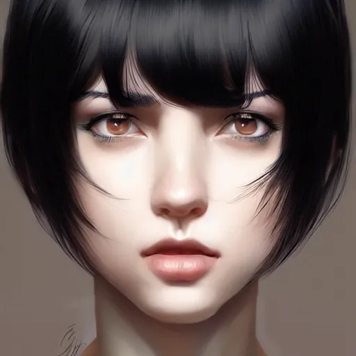 Image similar to portrait of beautiful young woman with black-hair and bangs, highly detailed, digital painting, artstation, concept art, sharp focus, illustration, art by ilya kuvshinov, krenz cushart, Greg Rutkowski