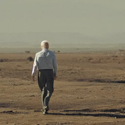 Prompt: a color photo taken from a distance of joe biden walking in a wasteland