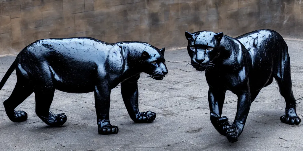 Prompt: the smooth black jaguar, made of smooth black goo, bating in tar in the zoo exhibit, viscous, sticky, full of tar, covered with black goo. photography, dslr, reflections, black goo, zoo, exhibit