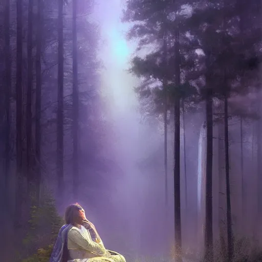Image similar to mystical realistic poster with shaded lighting by craig mallismo, artgerm, jeremy lipkin and michael garmash, radiant light, detailed and complex environment solace, peaceful mist, beautiful, utopic spiritual city with temples, old growth pine trees, overlaid sacred geometry, with implied lines, gradient of purple and blue