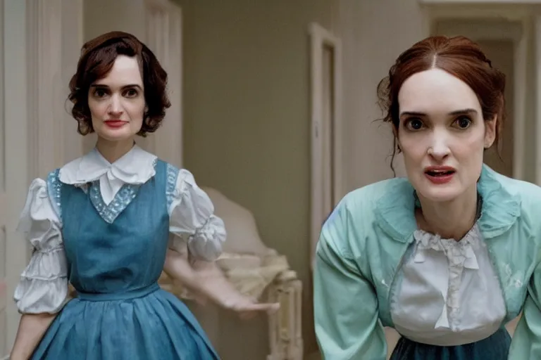 Image similar to mid-shot concept art of Winona Ryder as a maid in the new movie directed by Wes Anderson, symmetrical shot, idiosyncratic, relentlessly detailed, pastel, limited colour palette, detailed face, movie still frame, promotional image, imax 70 mm footage