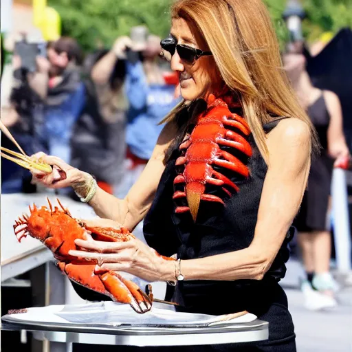 Image similar to celine dion eating lobster, outside in parking lot
